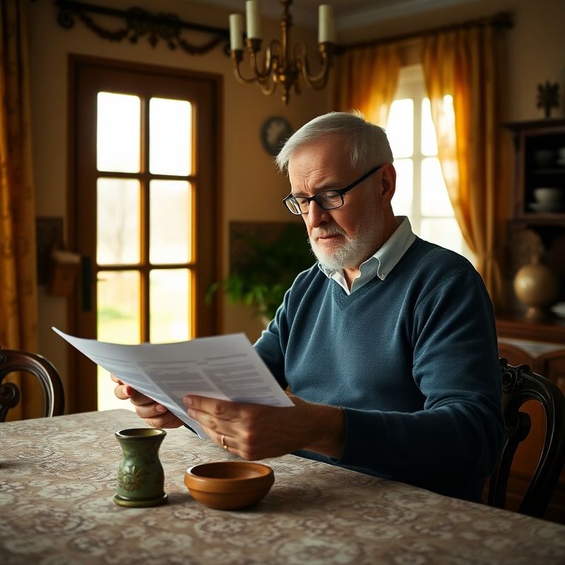 Starší muž čtoucí finanční výpis u prosluněného kuchyňského stolu